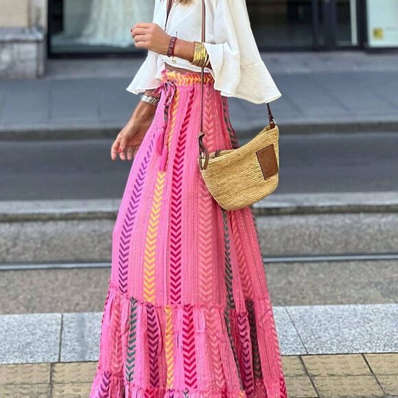 Pink Casual Women's Boho multi Printed Ruffled Hem Flowy maxi Skirt - Picture 5 of 7